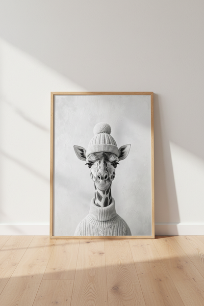 Giraffe in Beanie Wall Art Print | Gray Nursery Decor | Modern Animal Poster