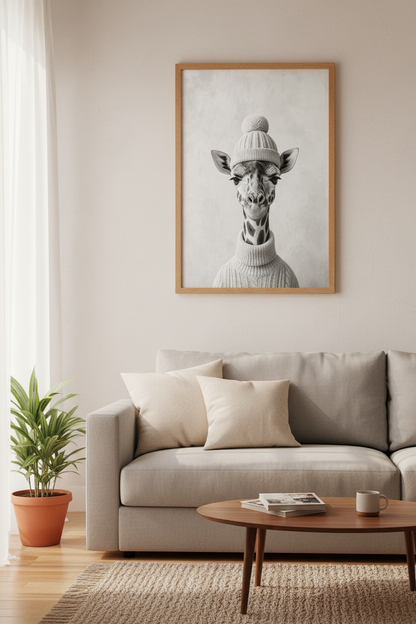 Giraffe in Beanie Wall Art Print | Gray Nursery Decor | Modern Animal Poster