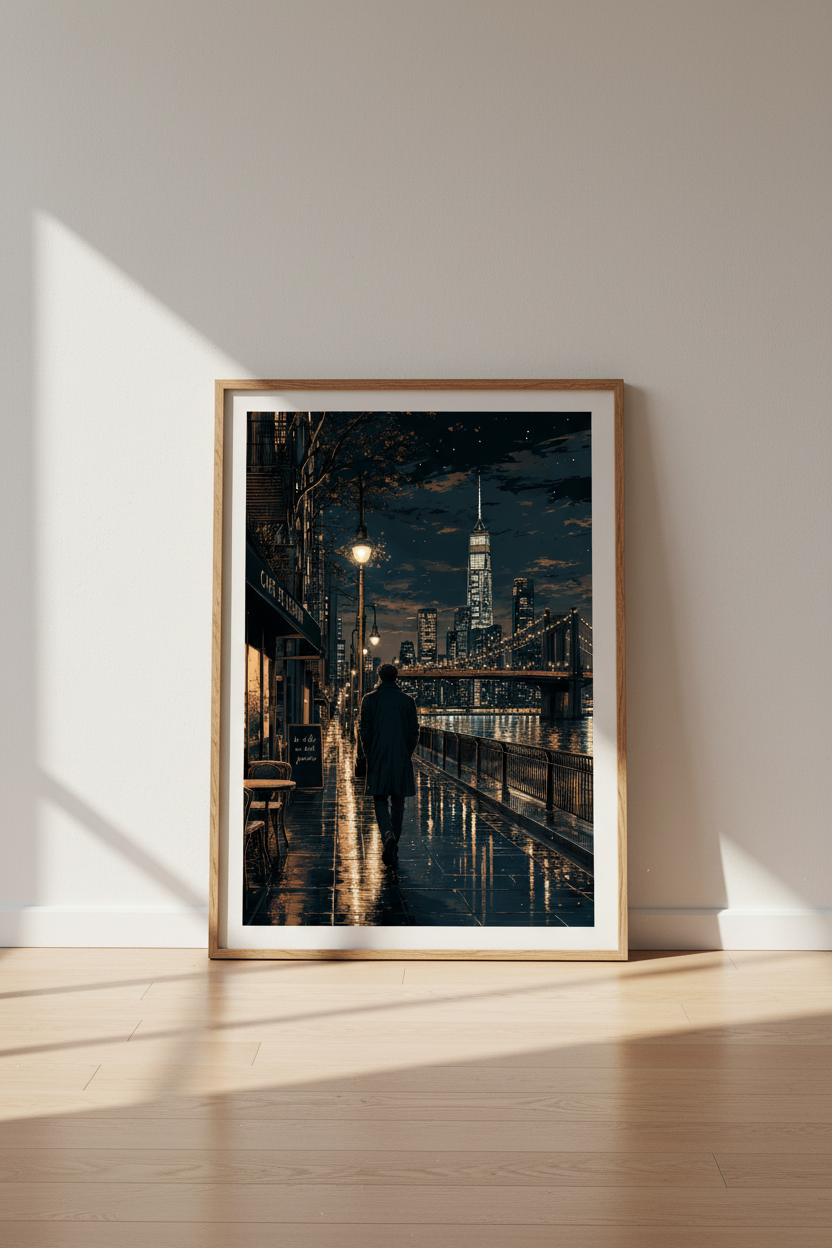 NYC Night Skyline Wall Art Print | Urban Cafe Decor | Moody Cityscape Poster