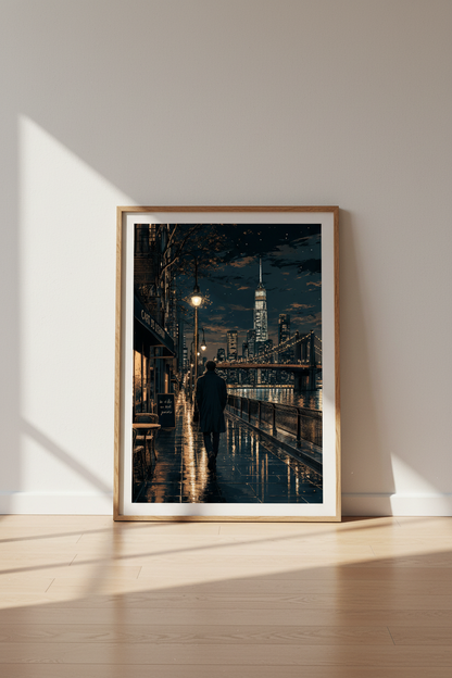 NYC Night Skyline Wall Art Print | Urban Cafe Decor | Moody Cityscape Poster