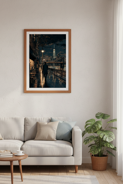 NYC Night Skyline Wall Art Print | Urban Cafe Decor | Moody Cityscape Poster