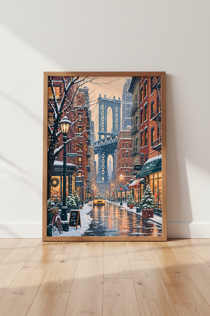 DUMBO Brooklyn Wall Art | Snowy NYC Winter Cityscape | Cozy Holiday Poster