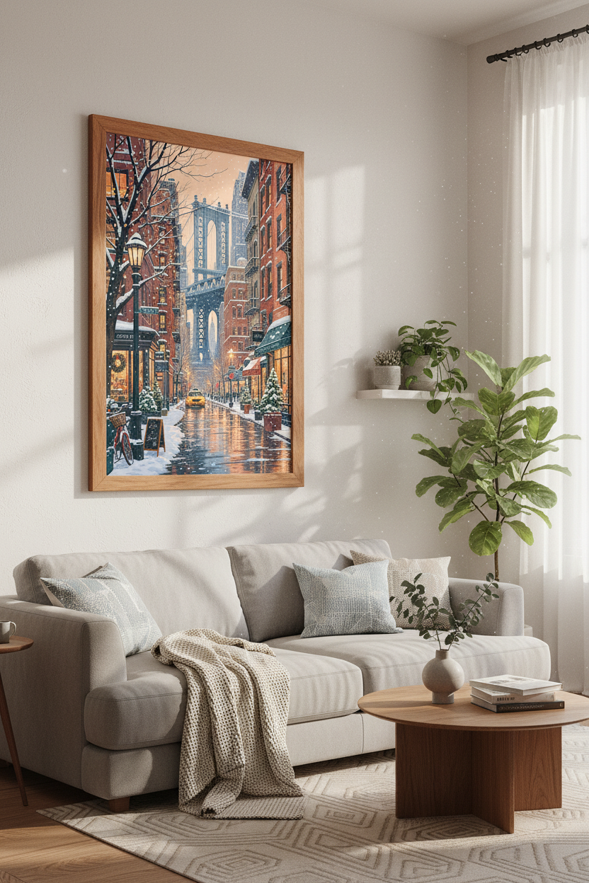 DUMBO Brooklyn Wall Art | Snowy NYC Winter Cityscape | Cozy Holiday Poster