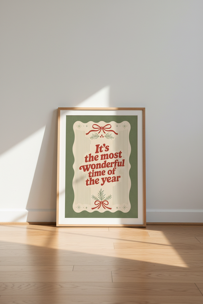 Retro Christmas Wall Art | Most Wonderful Time Print, Sage Green Holiday Decor