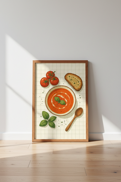 Tomato Soup &amp; Basil Art Print | Kitchen Decor | Cozy Foodie Illustration Poster