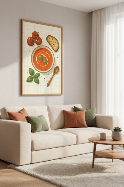Tomato Soup &amp; Basil Art Print | Kitchen Decor | Cozy Foodie Illustration Poster