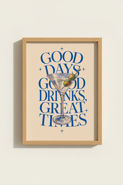 Martini Cocktail Art Print | Retro Bar Decor | Chic Blue Kitchen Poster