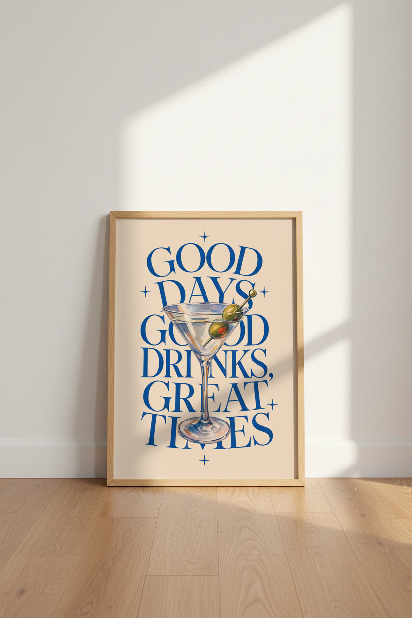 Martini Cocktail Art Print | Retro Bar Decor | Chic Blue Kitchen Poster