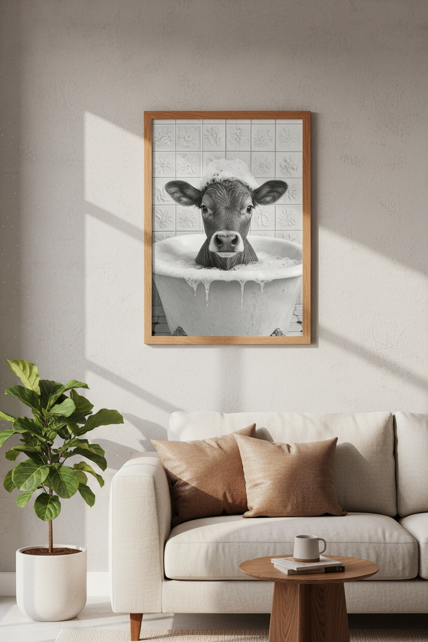 Cow in a Bathtub Wall Art | Funny Farmhouse Bathroom Decor | Black and White Poster