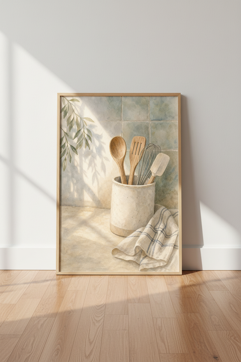 Kitchen Utensils Watercolor Print | Farmhouse Decor | Rustic Modern Poster