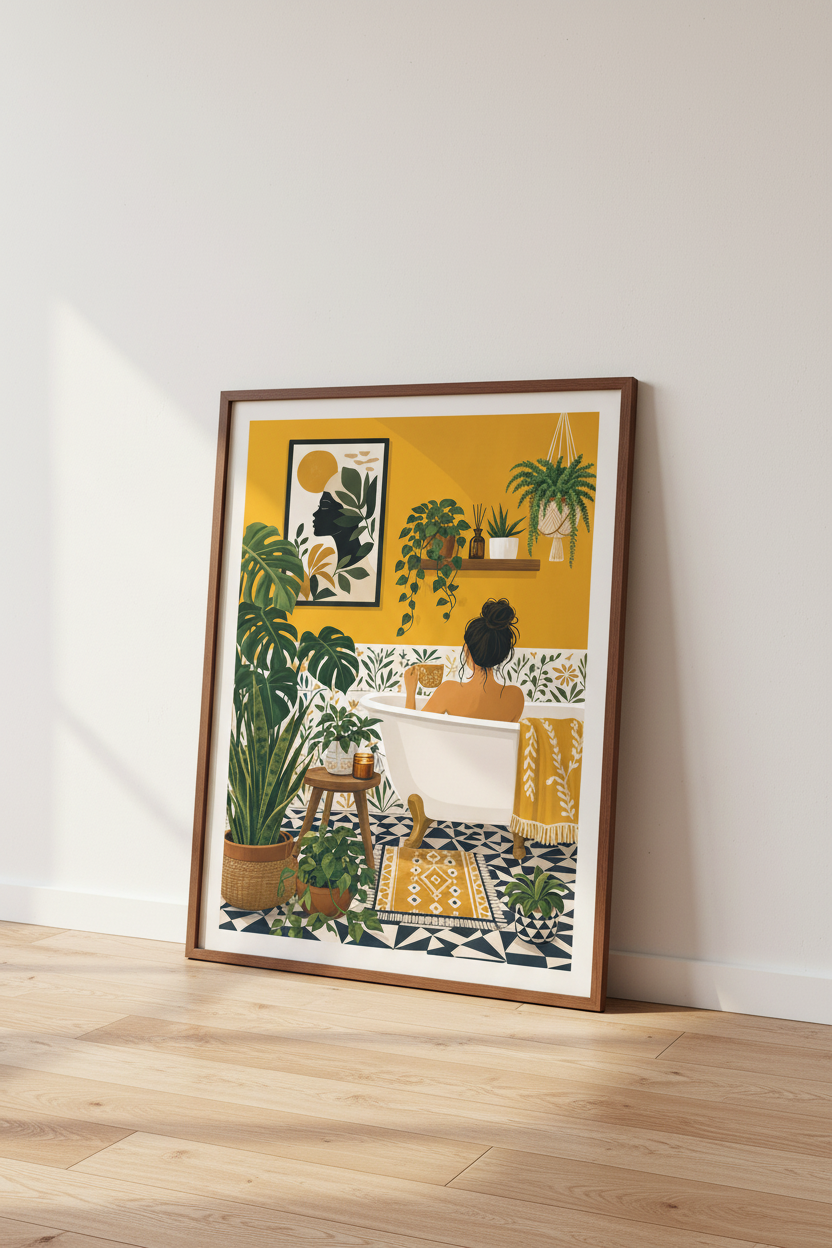Boho Woman in Bathtub Wall Art | Yellow Bathroom Decor | Plant Lover Poster