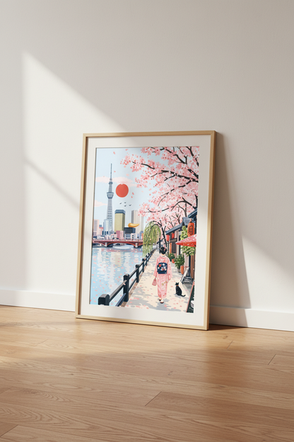 Tokyo Cherry Blossom Wall Art | Japan Cityscape Pink Poster, Zen Travel Decor