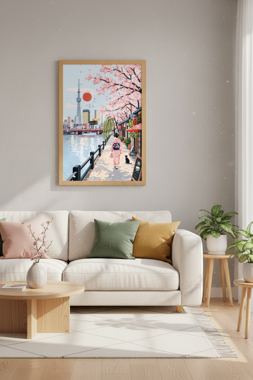 Tokyo Cherry Blossom Wall Art | Japan Cityscape Pink Poster, Zen Travel Decor