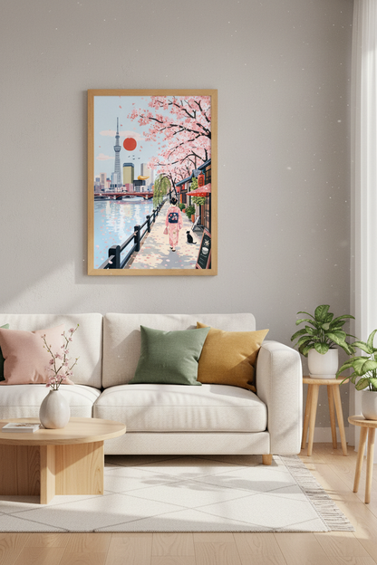 Tokyo Cherry Blossom Wall Art | Japan Cityscape Pink Poster, Zen Travel Decor