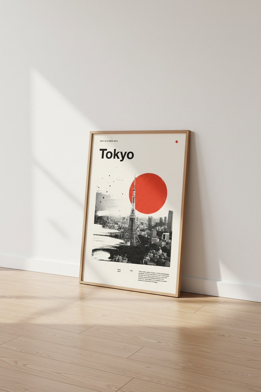 Tokyo Tower Japan Poster | Minimalist Red Sun Wall Art, Modern City Decor