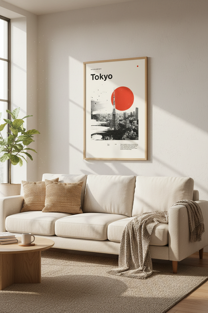 Tokyo Tower Japan Poster | Minimalist Red Sun Wall Art, Modern City Decor
