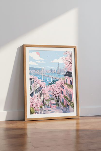 Tokyo Cherry Blossom Wall Art | Pastel Anime Cityscape | Japan Sakura Poster