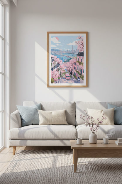 Tokyo Cherry Blossom Wall Art | Pastel Anime Cityscape | Japan Sakura Poster
