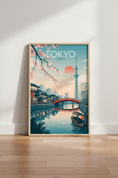Tokyo Japan Travel Poster | Cherry Blossom &amp; Skytree Wall Art | Pastel Pink Decor
