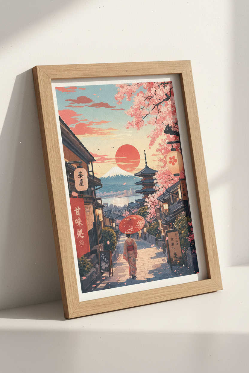 Japan Cherry Blossom Wall Art | Kyoto Pagoda &amp; Mt Fuji Print, Living Room Decor