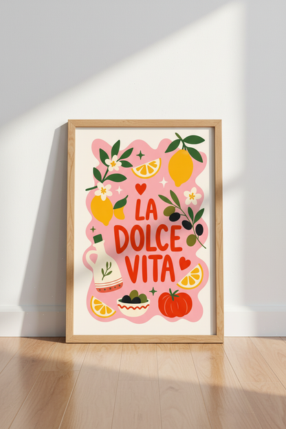 Italian Kitchen Wall Art | La Dolce Vita Lemon Print, Pink Maximalist Poster