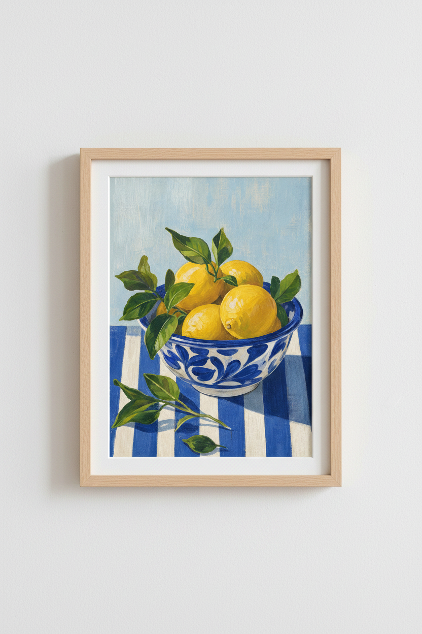 Lemon Kitchen Wall Art | Blue and White Citrus Poster, Mediterranean Dining Decor