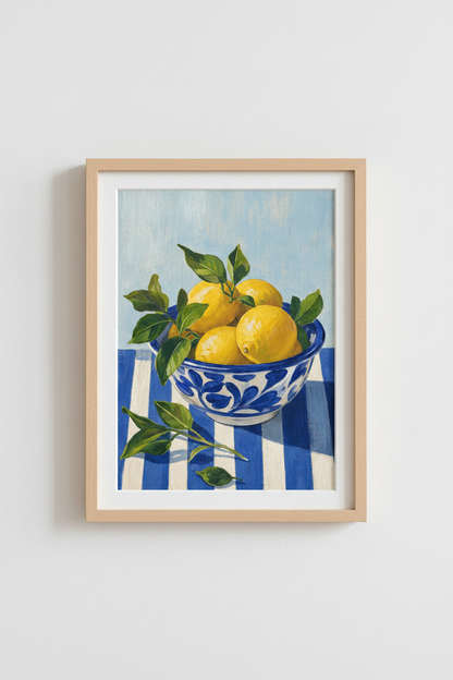 Lemon Kitchen Wall Art | Blue and White Citrus Poster, Mediterranean Dining Decor
