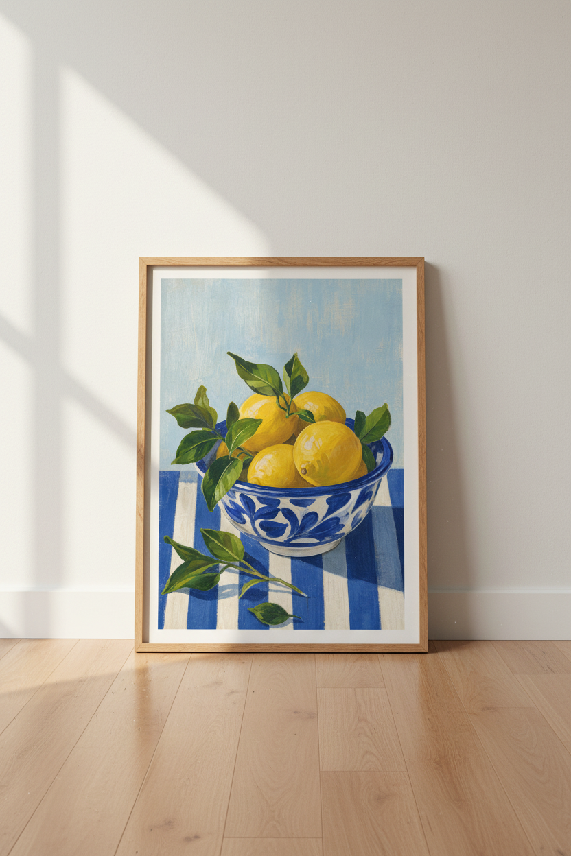 Lemon Kitchen Wall Art | Blue and White Citrus Poster, Mediterranean Dining Decor