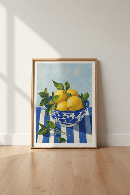 Lemon Kitchen Wall Art | Blue and White Citrus Poster, Mediterranean Dining Decor