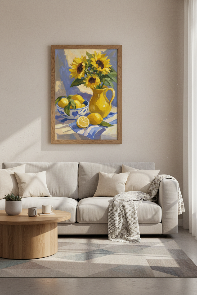 Sunflower &amp; Lemon Still Life Wall Art | Kitchen Decor | Impressionist Poster
