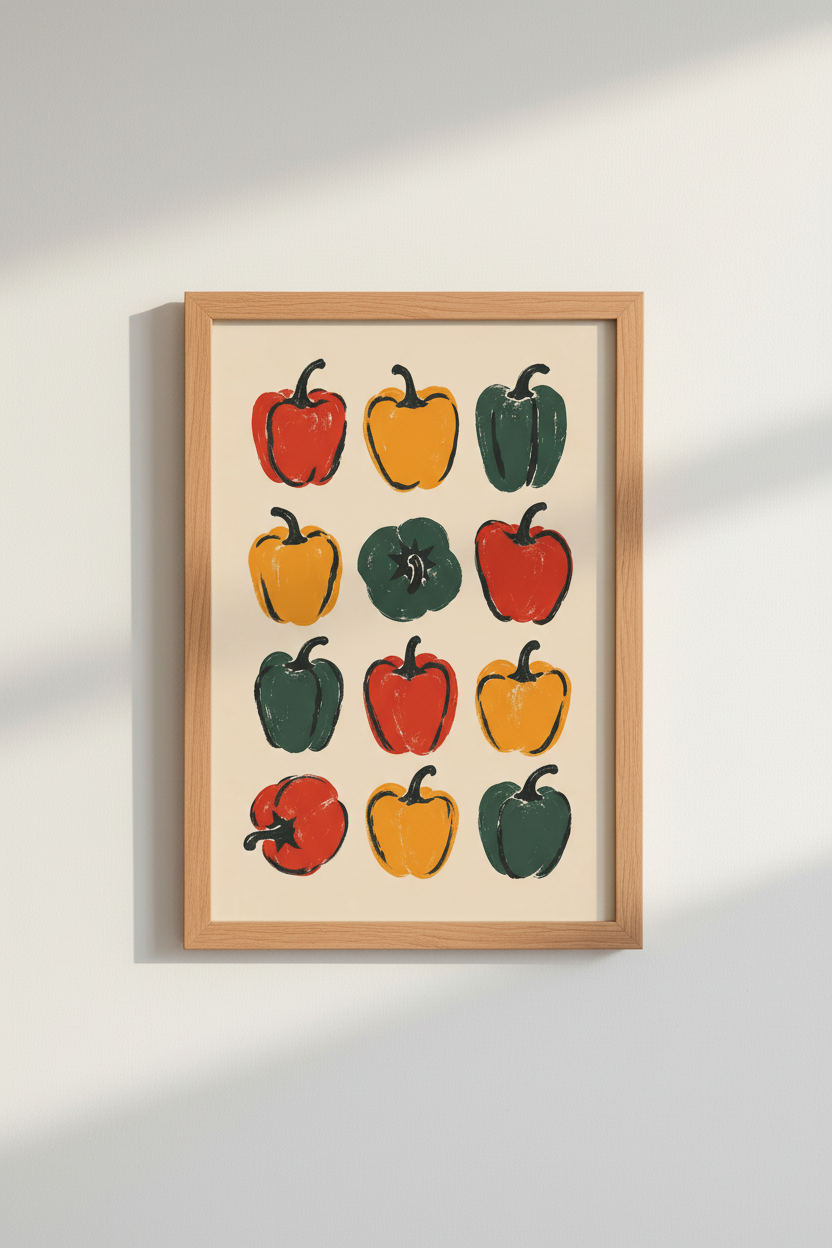 Bell Pepper Linocut Wall Art Print | Kitchen Decor | Retro Vegetable Poster