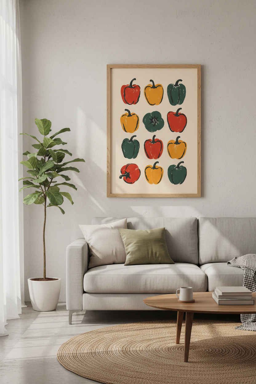 Bell Pepper Linocut Wall Art Print | Kitchen Decor | Retro Vegetable Poster