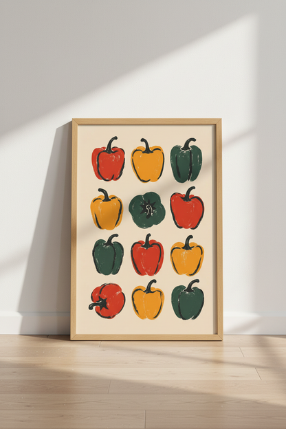 Bell Pepper Linocut Wall Art Print | Kitchen Decor | Retro Vegetable Poster