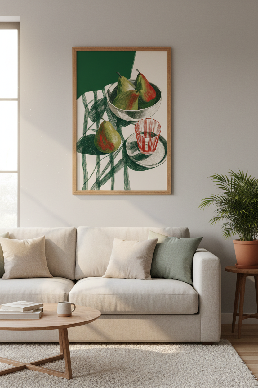 Still Life Pear Art Print | Modern Green Red Kitchen Decor | Graphic Fruit Poster