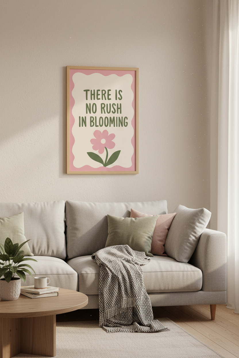 No Rush In Blooming Wall Art | Pink Sage Green Quote | Danish Pastel Poster