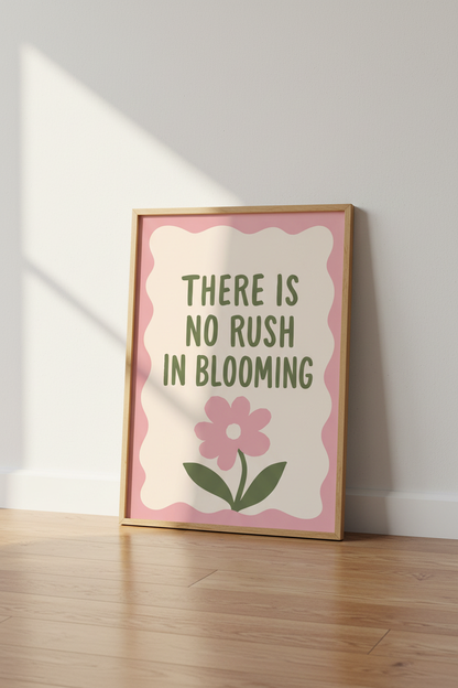 No Rush In Blooming Wall Art | Pink Sage Green Quote | Danish Pastel Poster