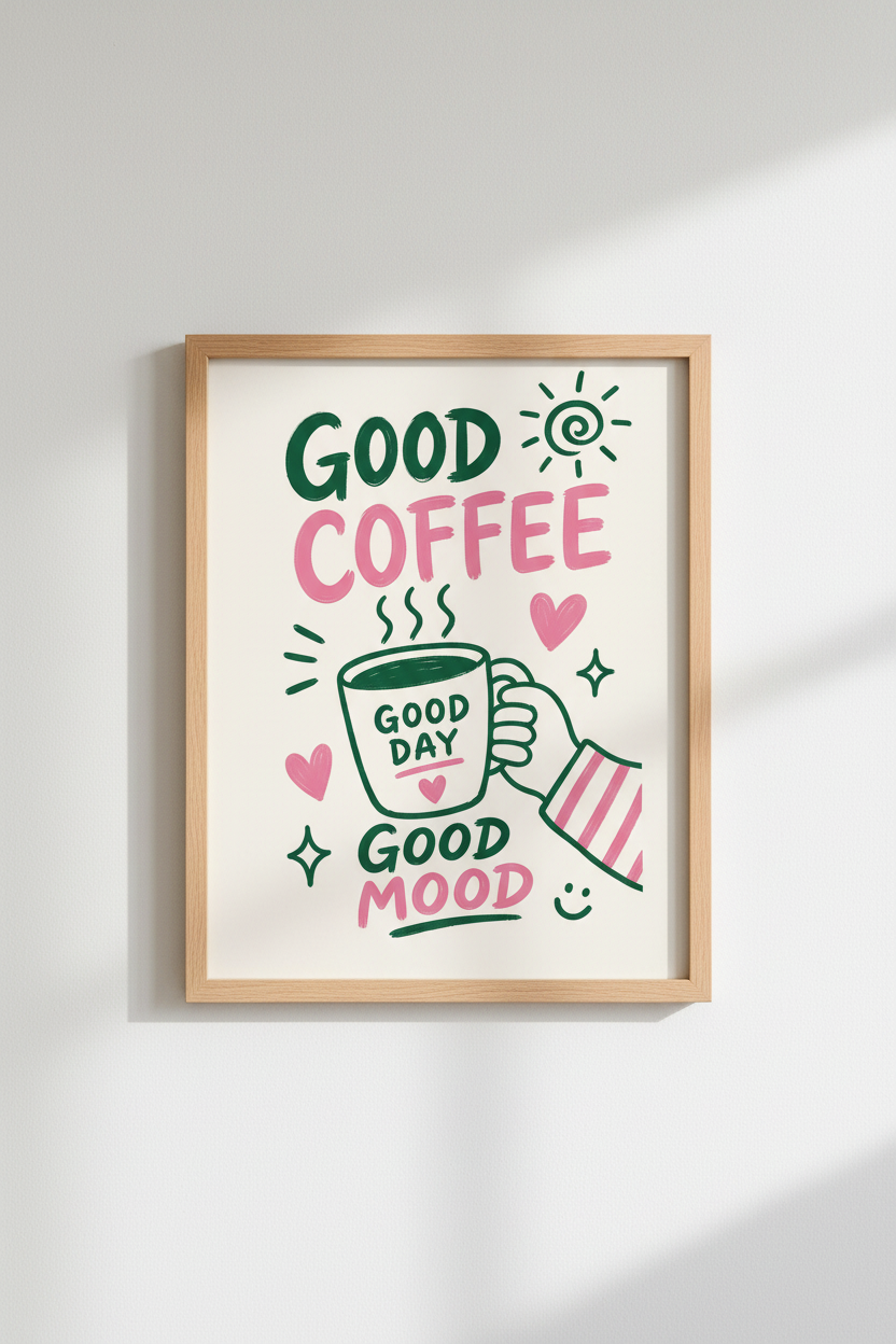 Retro Coffee Kitchen Art | Pink and Green Poster Print | Fun Coffee Bar Decor