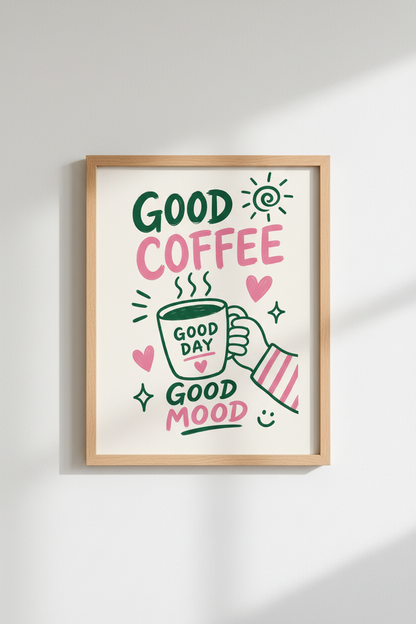 Retro Coffee Kitchen Art | Pink and Green Poster Print | Fun Coffee Bar Decor