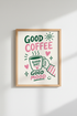 Retro Coffee Kitchen Art | Pink and Green Poster Print | Fun Coffee Bar Decor