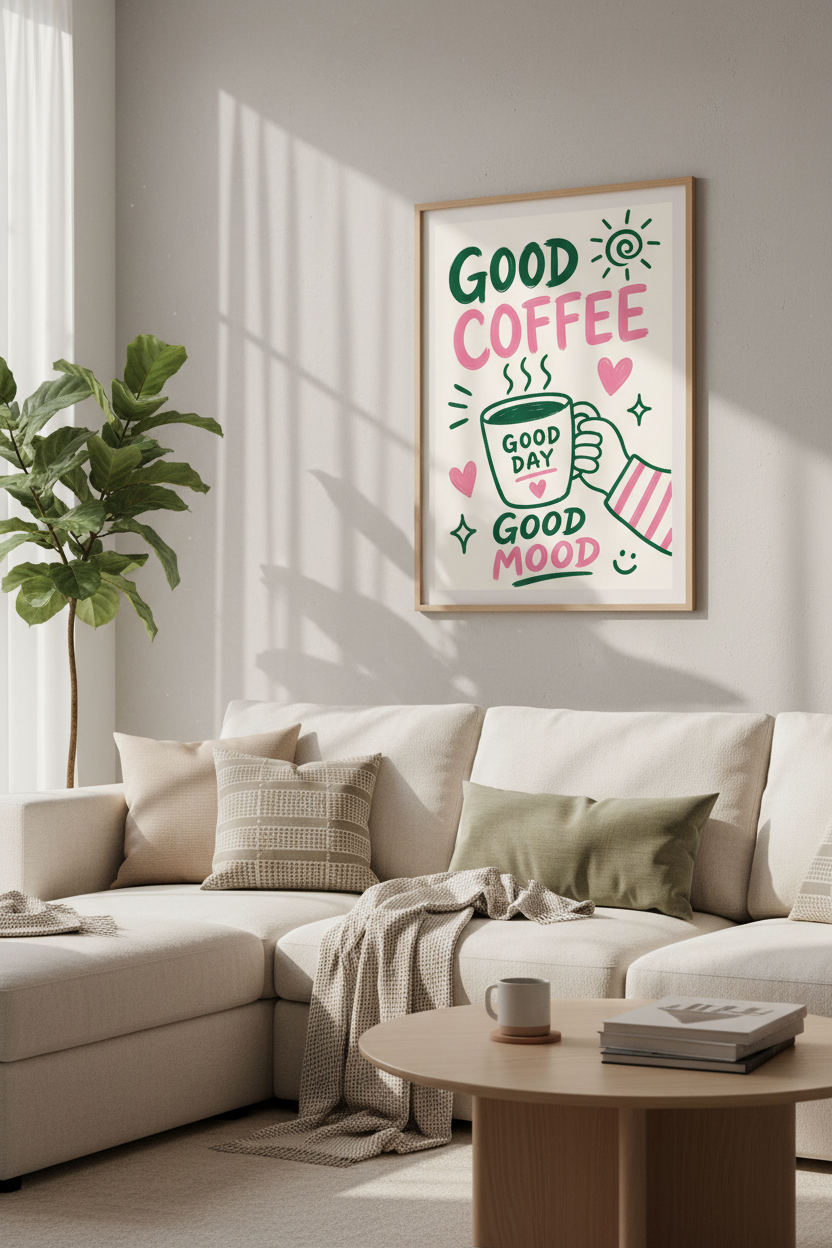 Retro Coffee Kitchen Art | Pink and Green Poster Print | Fun Coffee Bar Decor