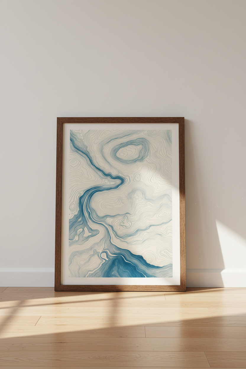 Topographic Map Wall Art | Blue Abstract Contour Print, Modern Office Decor