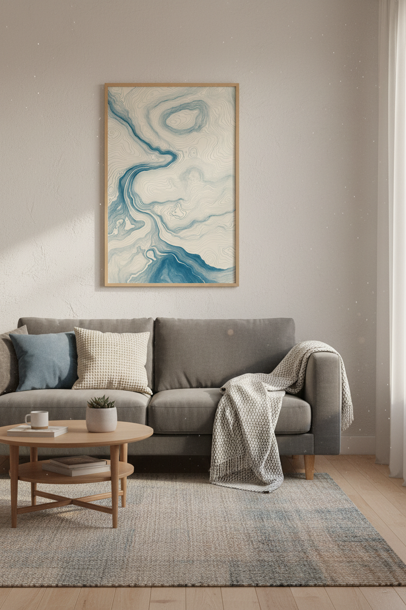 Topographic Map Wall Art | Blue Abstract Contour Print, Modern Office Decor