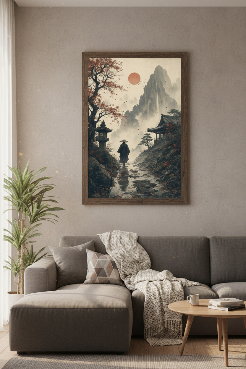 Samurai Mountain Path Wall Art | Japanese Landscape Print, Zen Office Decor
