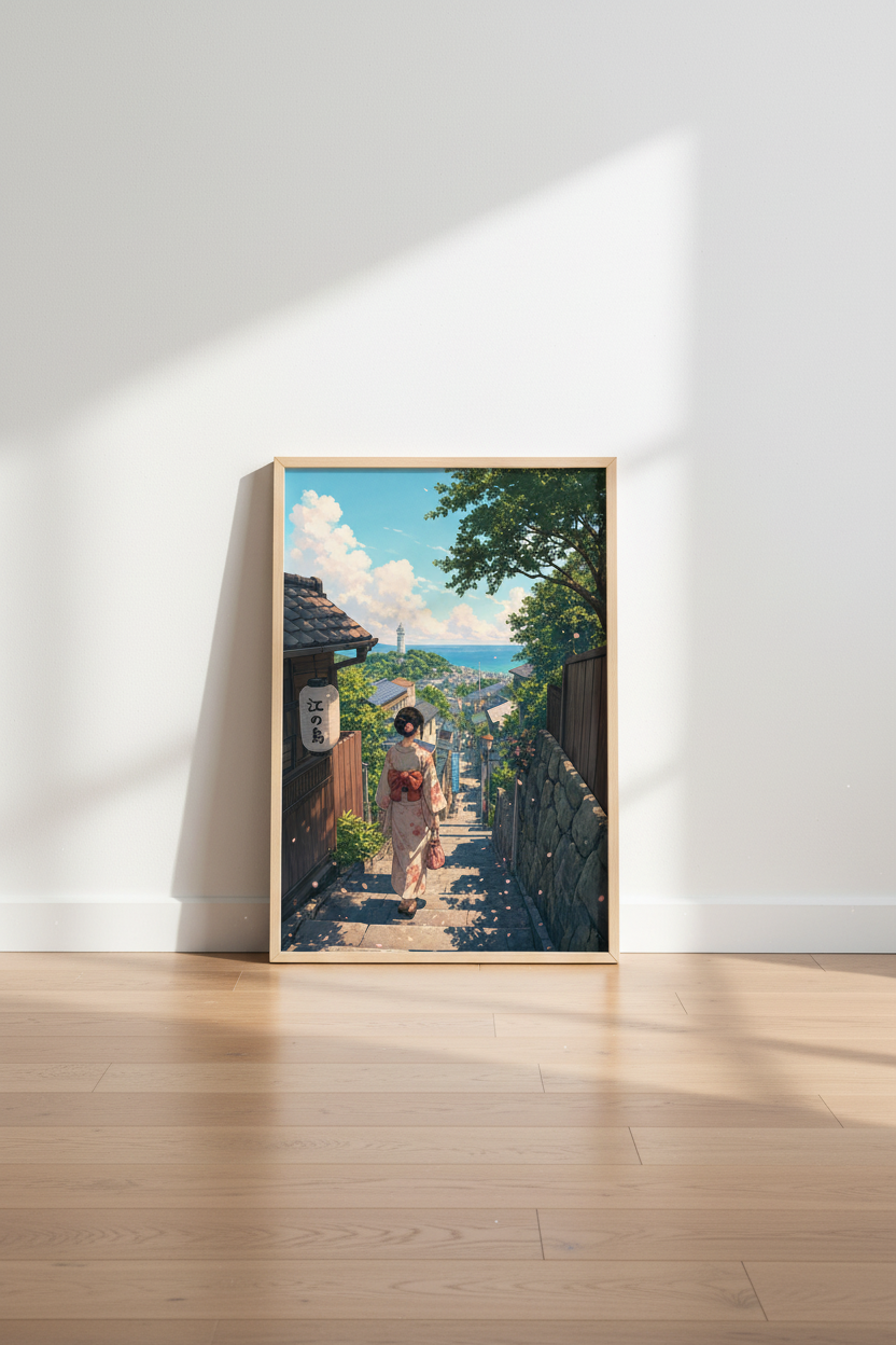 Anime Japanese Town Wall Art | Coastal Kimono Scenery, Ghibli Aesthetic Poster