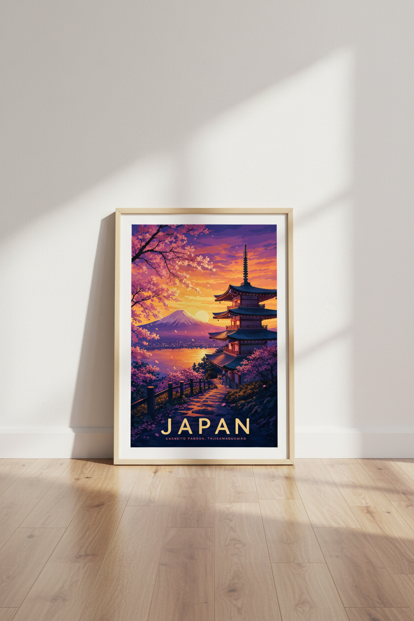Japan Mount Fuji Wall Art Print | Sunset Pagoda Decor | Pink Cherry Blossom Poster