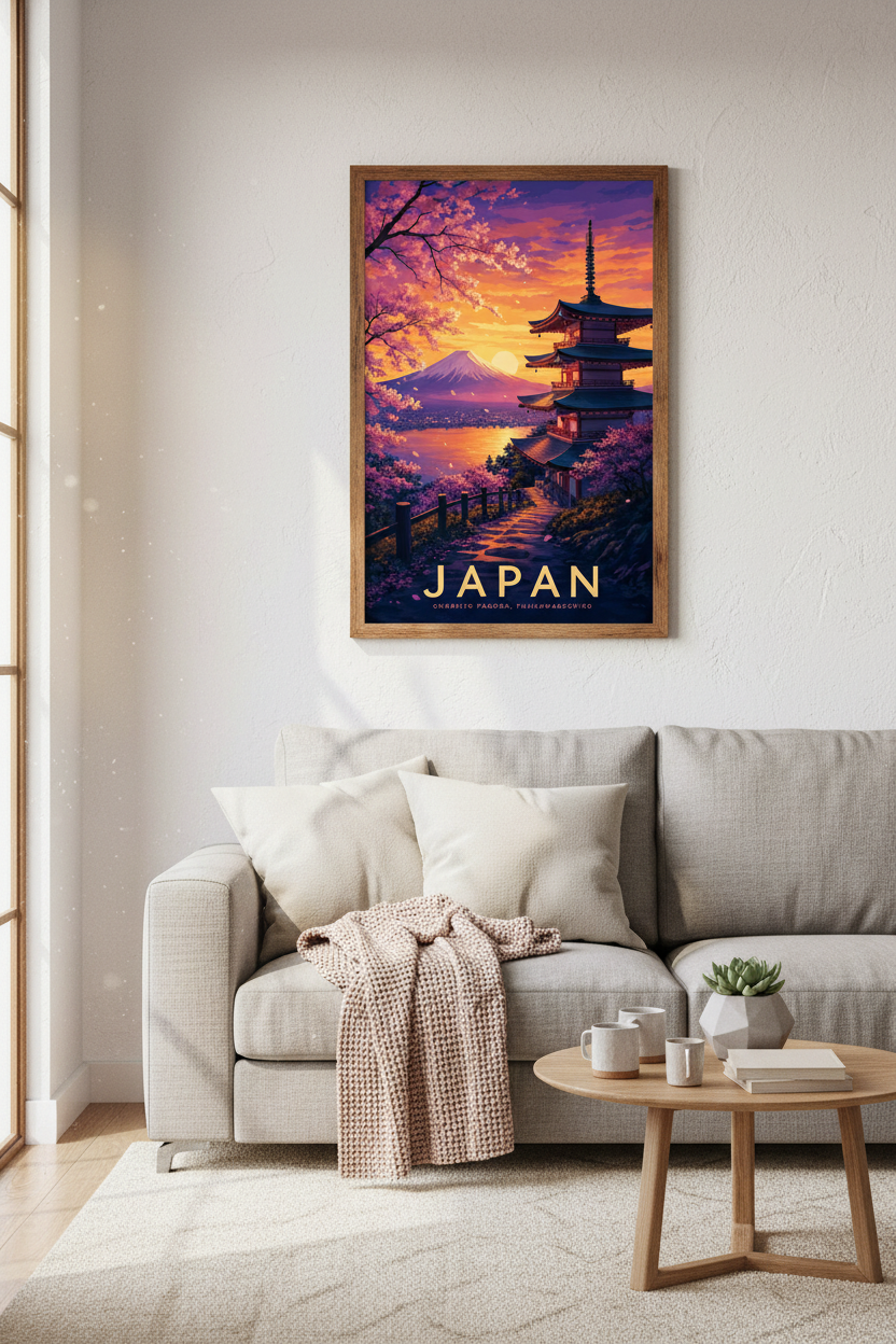 Japan Mount Fuji Wall Art Print | Sunset Pagoda Decor | Pink Cherry Blossom Poster