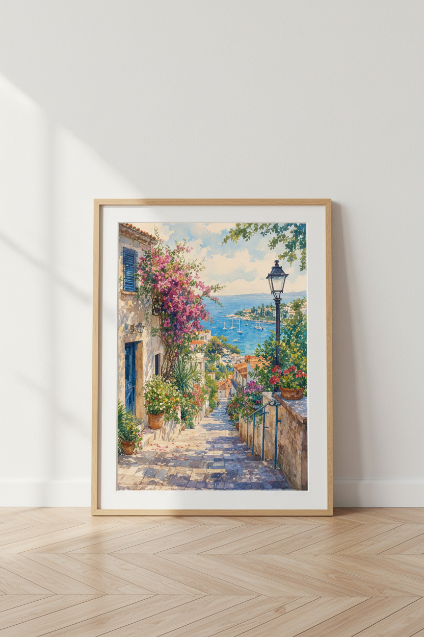Mediterranean Village Watercolor Print | Coastal Landscape, Blue Ocean Home Decor