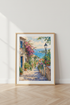 Mediterranean Village Watercolor Print | Coastal Landscape, Blue Ocean Home Decor