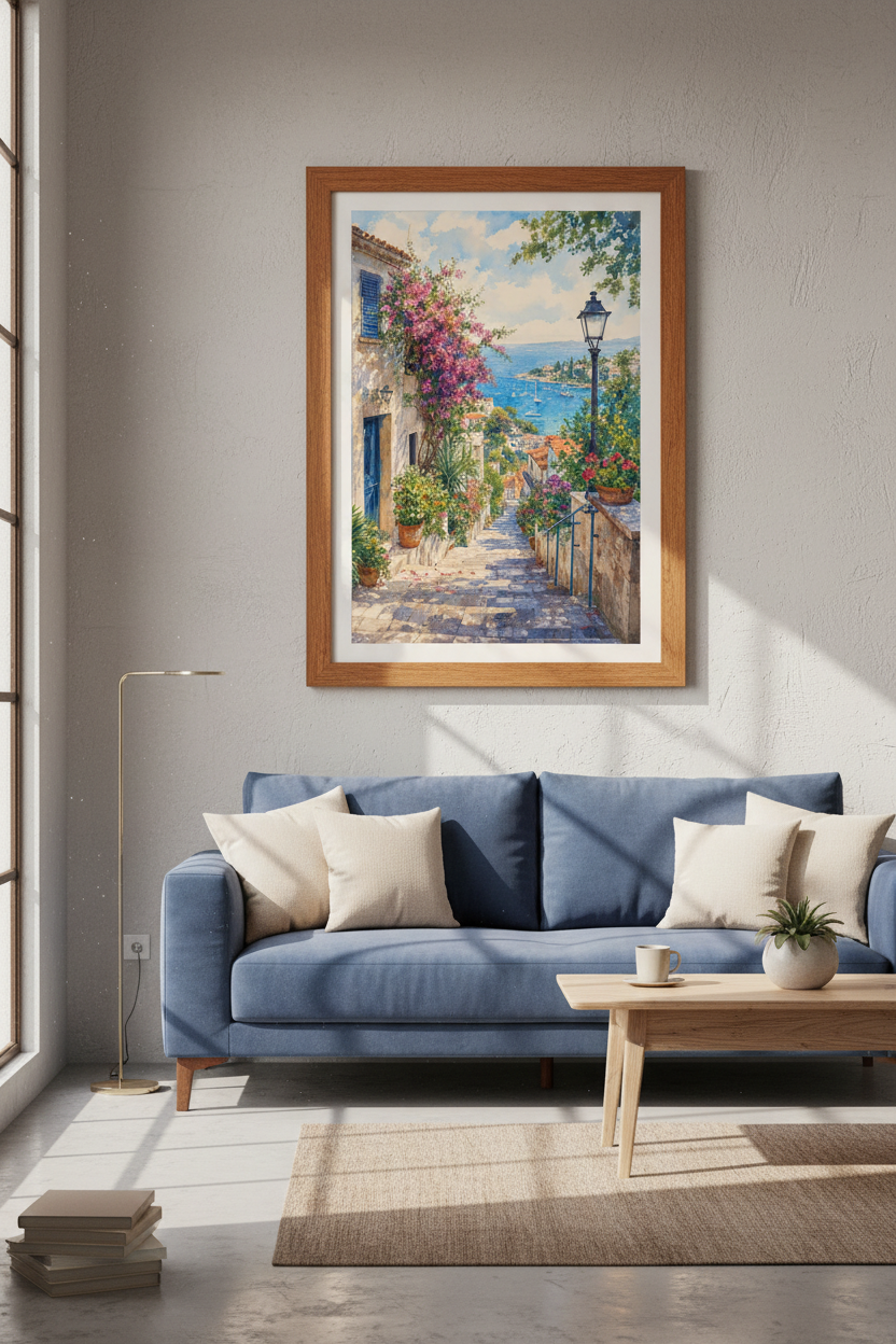 Mediterranean Village Watercolor Print | Coastal Landscape, Blue Ocean Home Decor