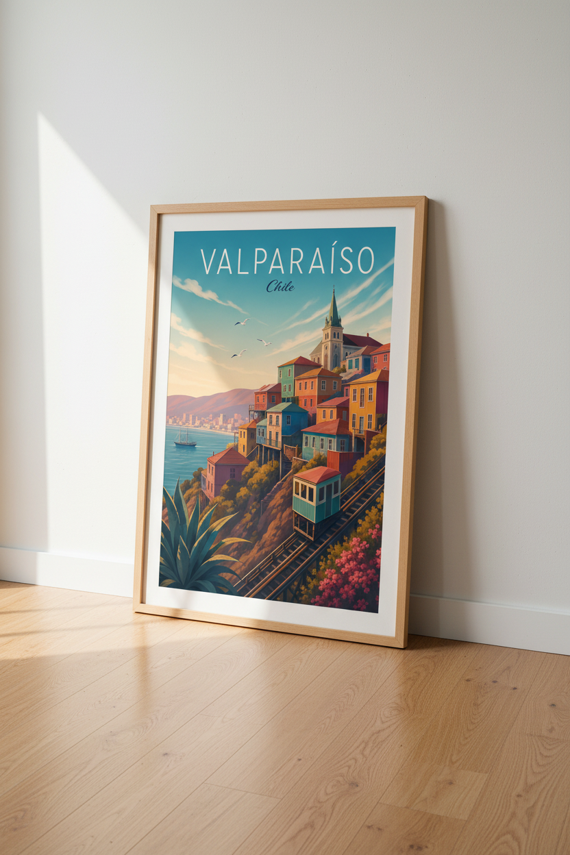Valparaiso Chile Travel Poster | Colorful South America Art, Coastal Living Room Decor